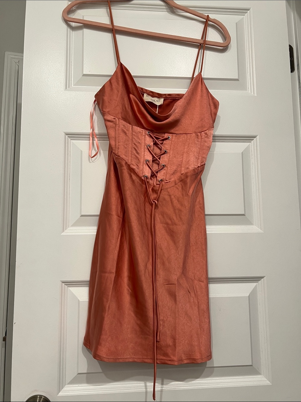 Urban Outfitters Satin Lace-Up Slip Chemise in Rose Copper